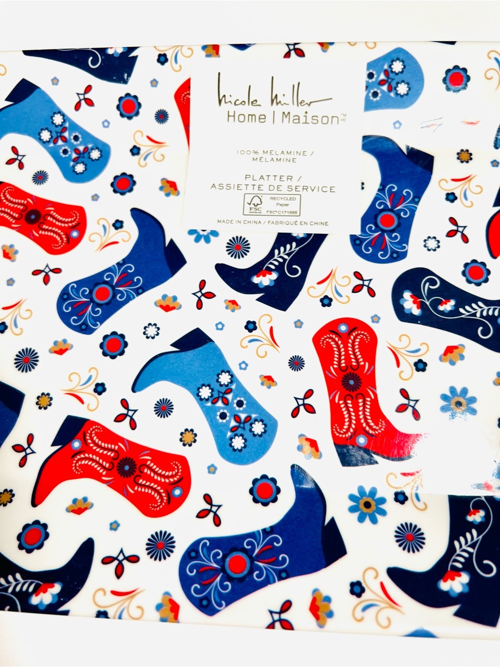 Patriotic Melamine Platter Red & Blue Western Cowgirl Cowboy Boots Americana - Picture 8 of 10